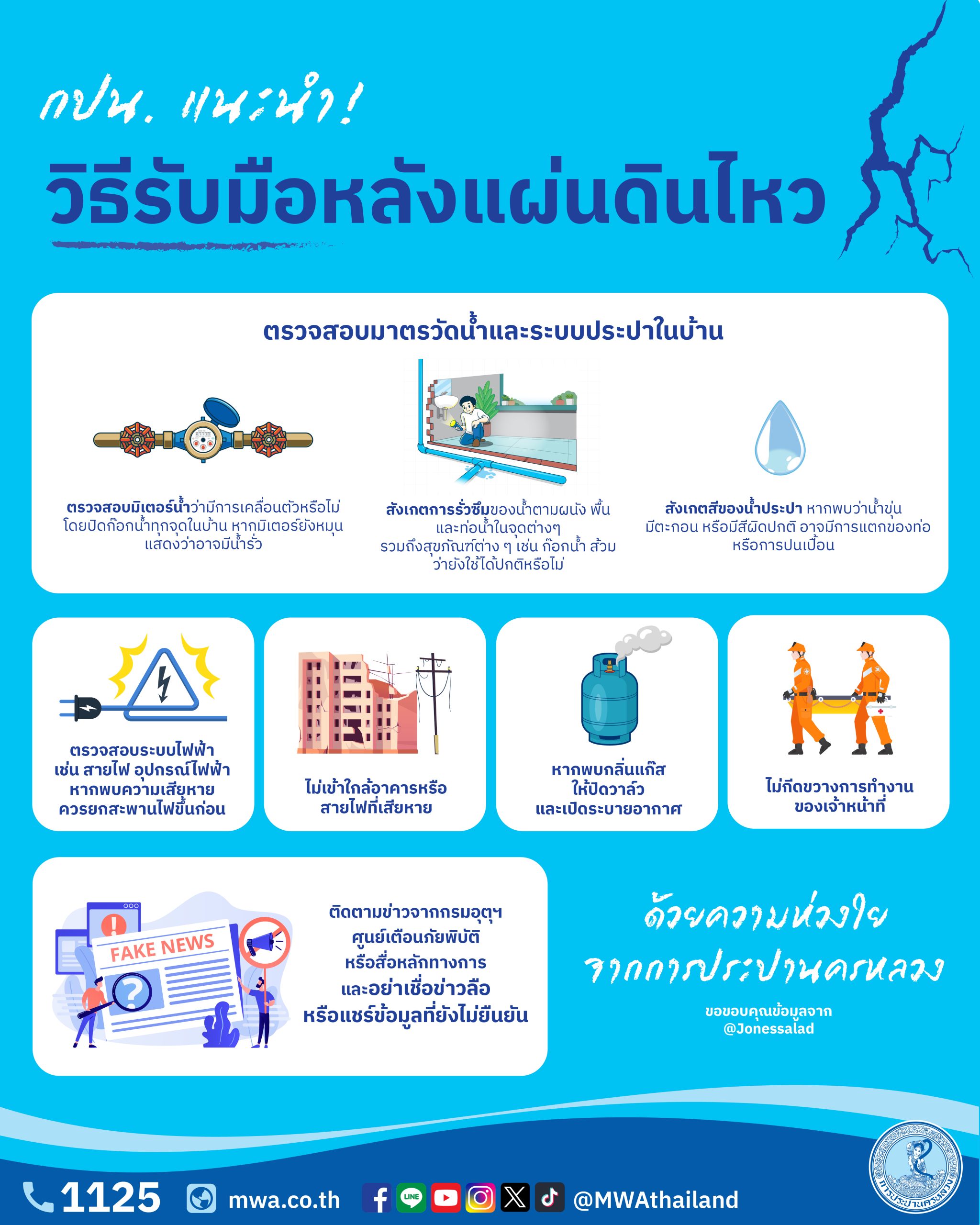 การประปานครหลวง (กปน.) แนะนำวิธีรับมือหลังแผ่นดินไหว พร้อมตรวจสอบมาตรวัดน้ำ และระบบประปาในบ้าน