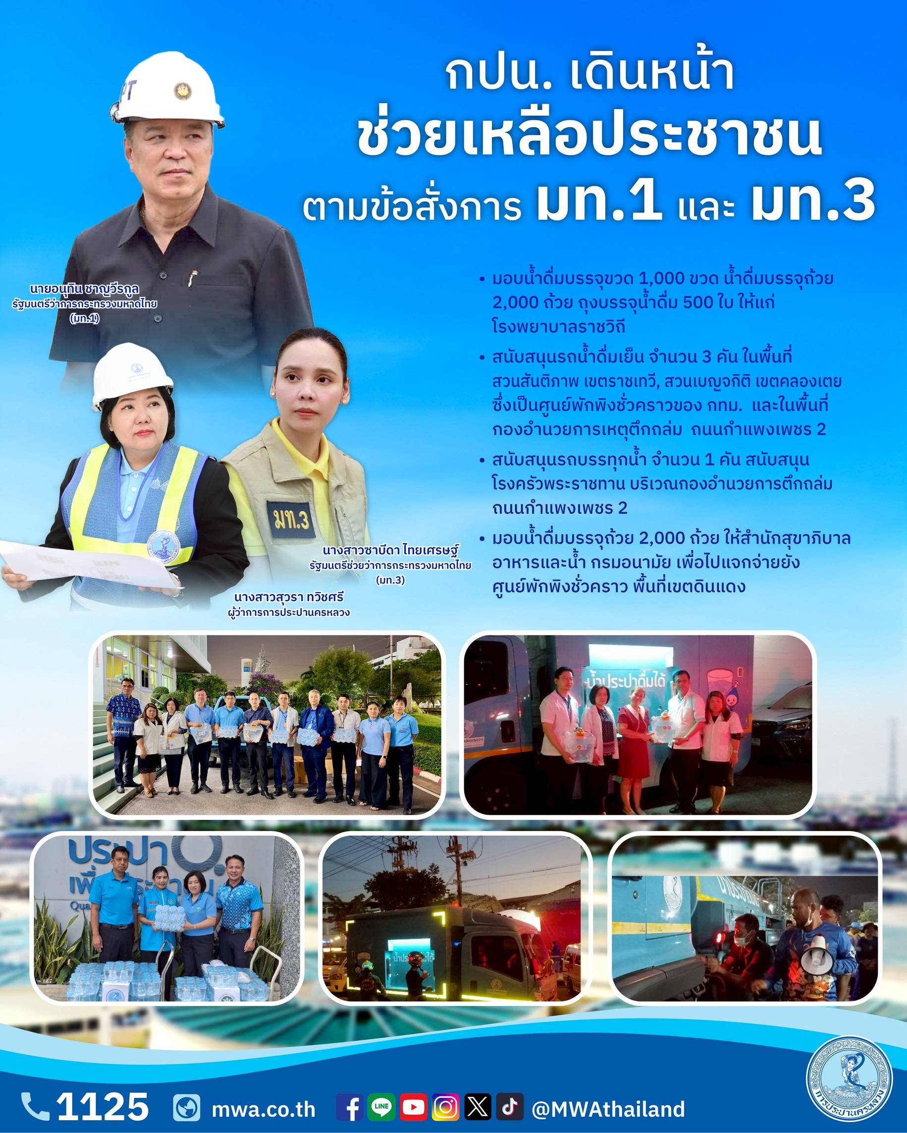 การประปานครหลวง (กปน.) เดินหน้าช่วยเหลือประชาชนตามข้อสั่งการ มท.1 และ มท.3 ร่วมบรรเทาความเดือนร้อนในพื้นที่ได้รับผลกระทบจากแผ่นดินไหว สนับสนุนน้ำดื่มบรรจุขวด น้ำดื่มบรรจุถ้วย ถุงบรรจุน้ำดื่ม รถน้ำดื่มเย็น รถบรรทุกน้ำ อย่างเต็มกำลัง