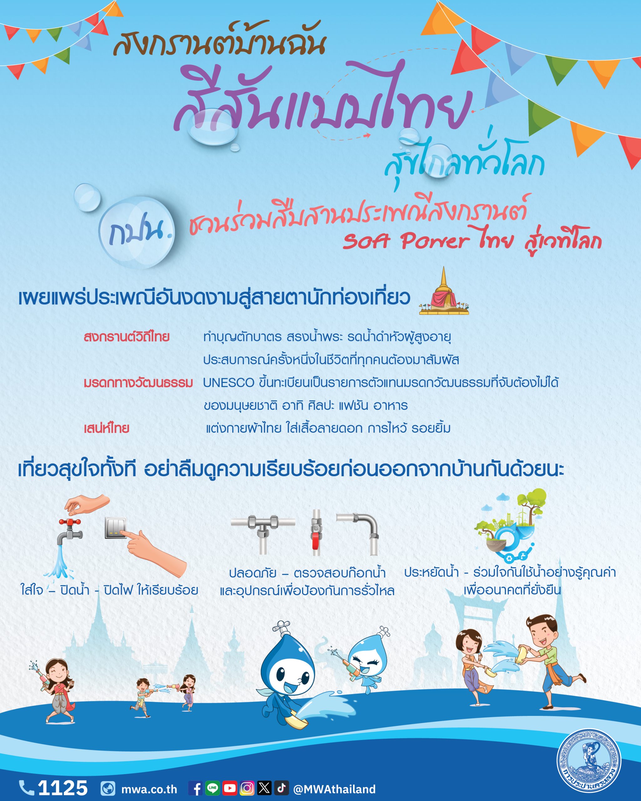 กปน. ร่วมสืบสาน ขับเคลื่อน Soft Power ไทย ยกระดับประเพณีสงกรานต์สู่เทศกาลระดับโลก แนะ ปิดน้ำ-ปิดไฟ ก่อนออกเดินทาง