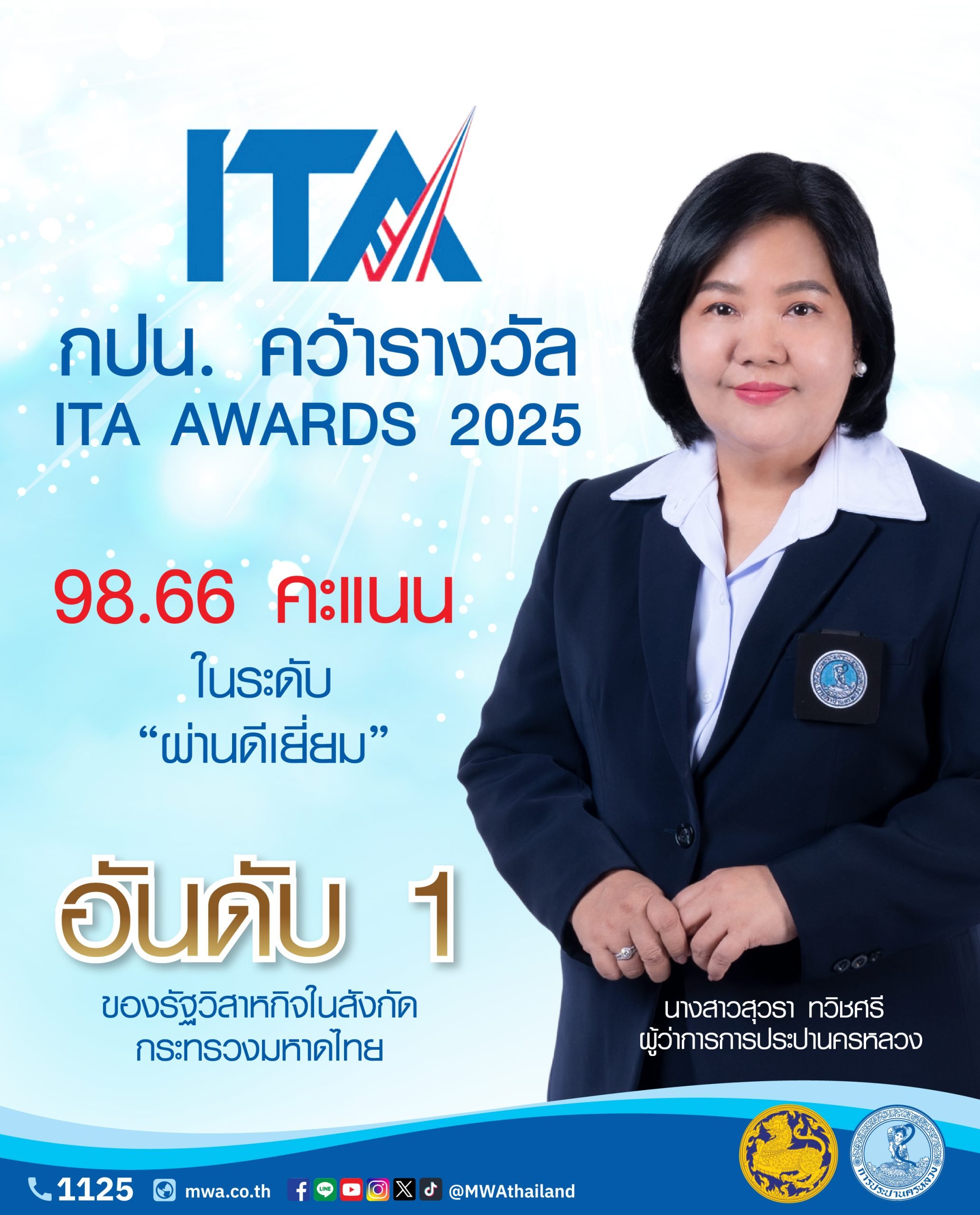 กปน. คว้ารางวัล ITA AWARDS 2025 อันดับ 1 รัฐวิสาหกิจสังกัดกระทรวงมหาดไทย ด้วยคะแนน 98.66 ในระดับ “ผ่านดีเยี่ยม”